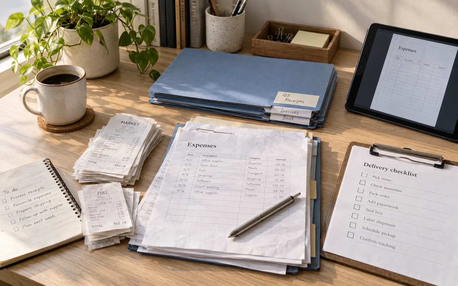 Business forms and receipts prepared for review and data entry.