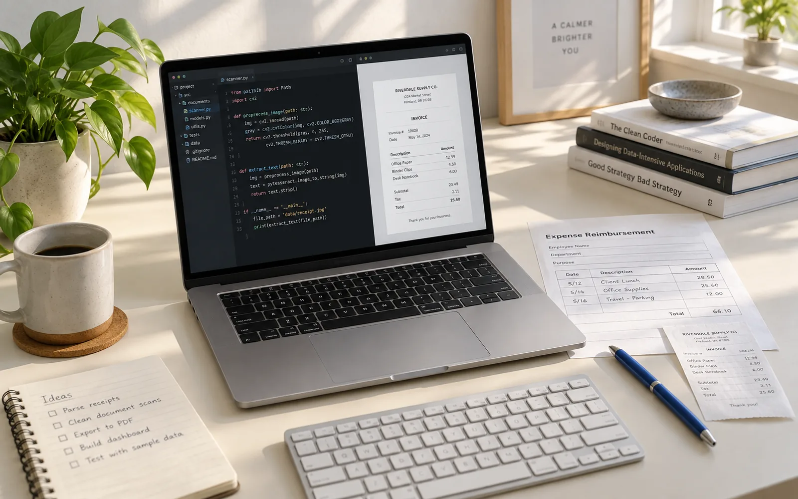 A developer's workspace with document processing integration.