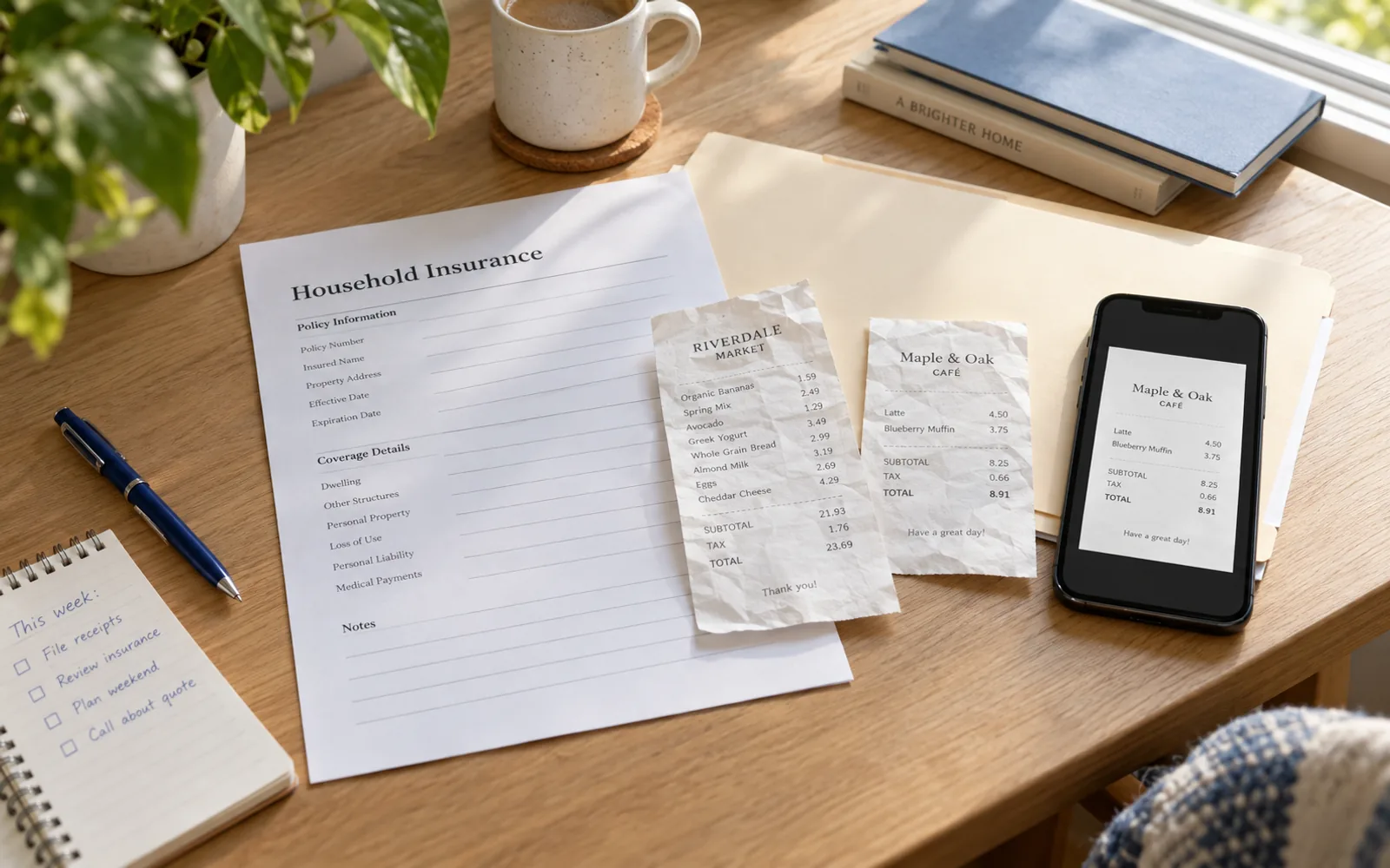 Personal documents and a phone on a sunlit home desk.