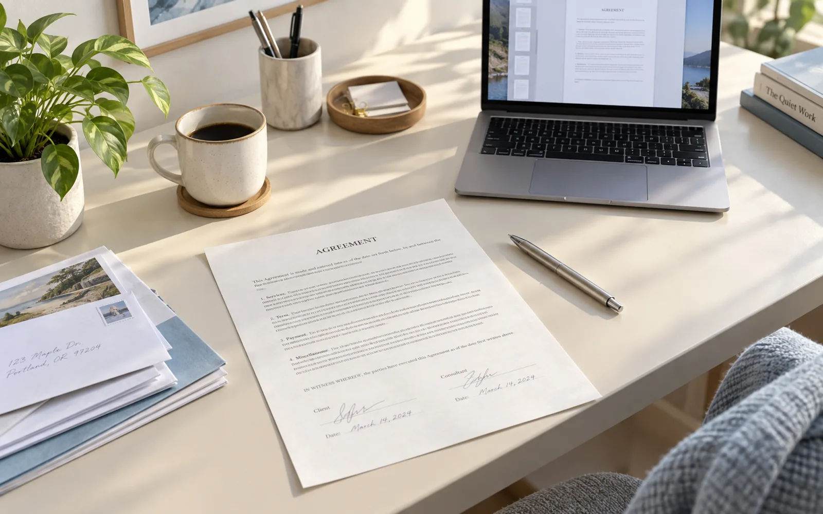 A contract and a laptop on a professional's desk.