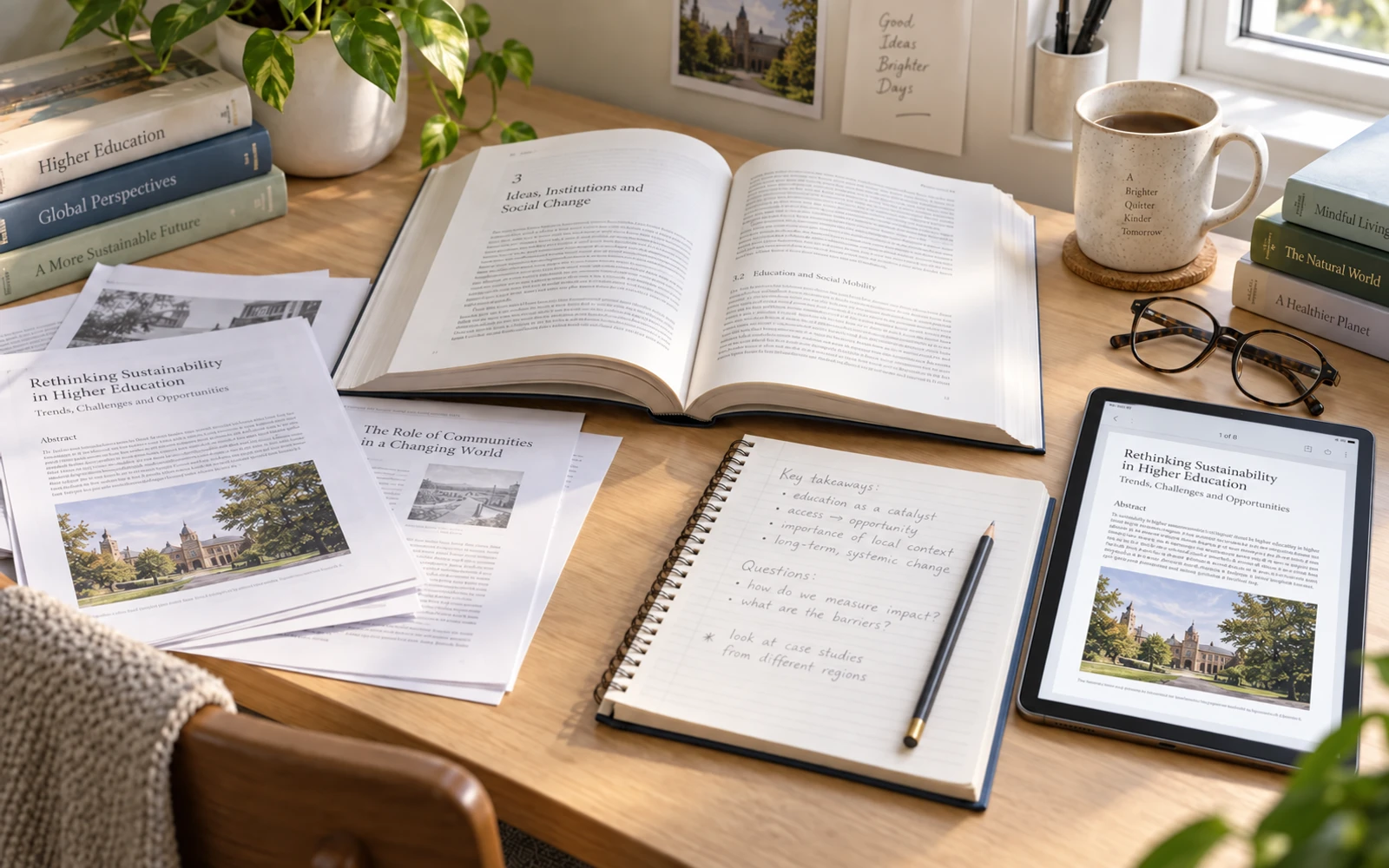 Books and handwritten study notes beside a tablet displaying a clean scan of the matching research handout.